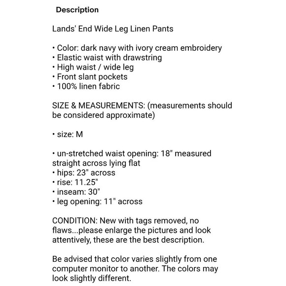 Lands' End Wide Leg Linen Pants Size M (10-12) High Waist Blue Embroidered Hem - Picture 11 of 11